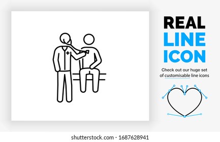 Editable Real Line Icon Of A Stick Figure Patient Sitting And A Doctor In Full Body Length View Examining His Breading And Lungs With A Stethoscope In Modern Black Lines On A Clean White Background