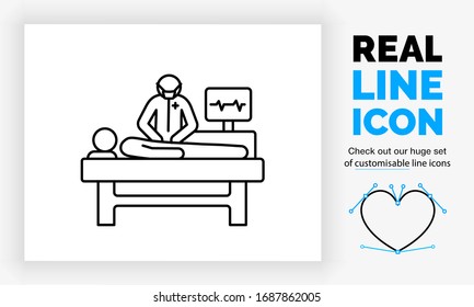 Editable Real Line Icon Of A Stick Figure Surgeon In Full Body View Operating On A Patient Laying Down In De Intensive Care With A Heart Monitor  In Modern Black Lines As A Eps Vector File