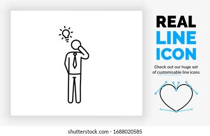 Editable real line icon of a stick figure business man with an idea as a shining light bulb in a suit in full body length view in modern black lines on a clean white background 