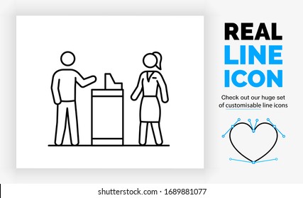 Editable Real Line Icon Of A Stick Figure Cashier In Full Body View Helping A Customer With A Question In The Store Standing At The Cash Or Service Desk In Modern Black Lines As A Eps Vector File