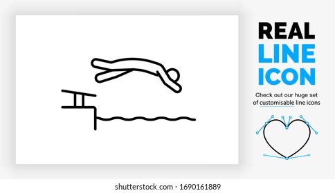 Editable real line icon of a stick figure person diving in the water from the edge board doing cardio sport and exercise in the water in modern black lines on a clean white background as a eps vector