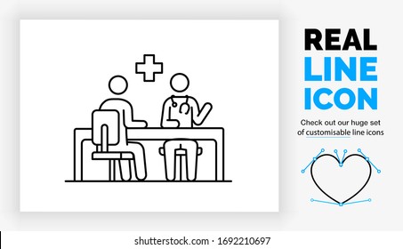 Editable Real Line Icon Of A Stick Figure Doctor Consultation With A Patient In His Office Sitting At A Desk In A Chair With A Stethoscope And A Medical Cross In Modern Black Lines As A Eps Vector