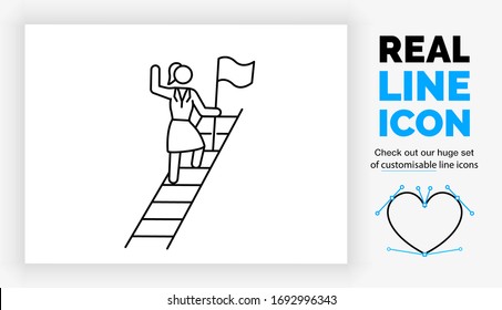 Editable Real Line Icon Of A Stick Figure Business Woman Climbing The Career Ladder On Her Path To The Top In Full Body View Standing In A Suit With A Flag To Plant In Modern Black Lines In Eps Vector