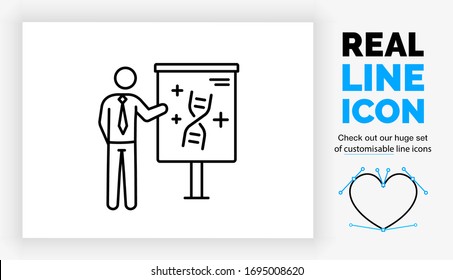 Editable real line icon of a stick figure business person giving a presentation on a paper flip board about the core DNA of a brand by a marketing agency in modern black stroke lines as a eps vector