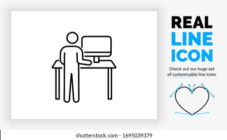 Editable Real Line Icon Of A Stick Man Figure Behind A Hight Adjustable Standing Desk For A Ergonomic Posture In His Office With A Tilt Screen On Eye Hight In Black Clean Lines On A White Background