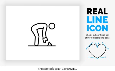 Editable real line icon of a stick figure person cleaning up dog poo with a bag from his pet in modern back lines on a clean white background as a eps vector file