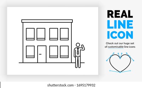 Editable Real Line Icon Of A Stick Figure Small Business Owner In A Suit With Tie In Front Of His Two Story Office Building With A Door And Windows In A Modern Black Stroke Design As A Eps Vector File