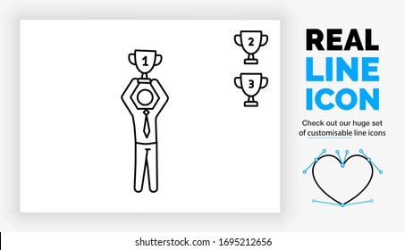 Editable real line icon of a stick figure business man winning a first place cup for his success in his career standing in full body view in a suit with a tie in a modern black stroke as a eps vector