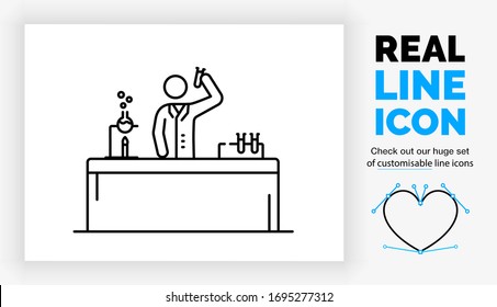 Editable real line icon of a stick figure scientist working on a cure, medicine or vaccine for corona or another disease in a modern black stroke on a clean white background as a eps vector file