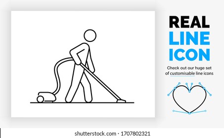 Editable real line icon of a stick figure janitor cleaning the floor with a vacuum cleaner as his job in modern black lines on a clean white background as a eps vector file
