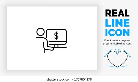 Editable real line icon of a stick figure person at his desk on a computer checking his money $ balance in online banking system in modern black lines on a clean white background as a eps vector file