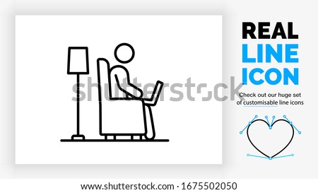 editable real line icon of a stick figure person working at home with his laptop on his lap sitting in a comfortable chair in the living room with a lamp behind him in modern black vector lines