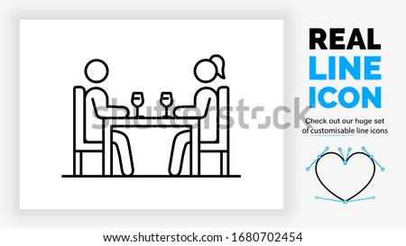 Editable real line icon of a stick figure couple of a man and woman having a date in a restaurant while they drink wine sitting on a chair at a table in modern black lines as a EPS vector file
