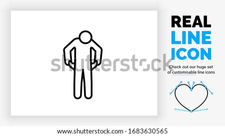 Editable real line icon of a stick figure person being broke pulling out his pockets but there is no money in modern black lines on a clean white background as a eps vector file