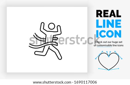 Editable real line icon of a stick figure running a marathon as a athletic sport winning the race with succes and celebrating while breaking the chord at the finish in full body view as a eps vector