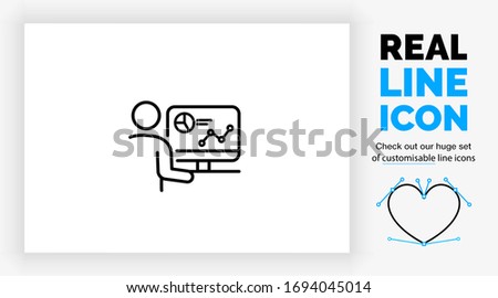 Editable real line icon of a stick figure analyst person working at his desk on a computer with data and web results in modern black lines on a clean white background as a eps vector file