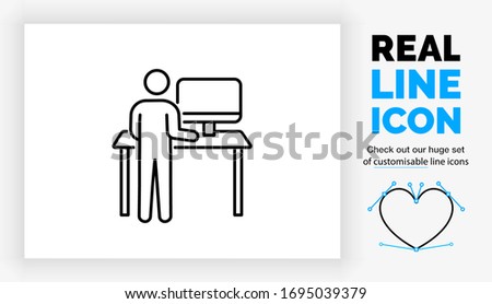 Editable real line icon of a stick man figure behind a hight adjustable standing desk for a ergonomic posture in his office with a tilt screen on eye hight in black clean lines on a white background