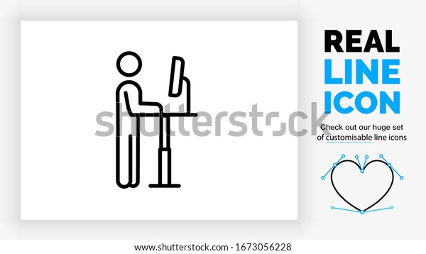 Editable real line icon of a stick man figure\
behind a hight adjustable standing desk for a ergonomic posture in\
his office with a tilt screen on eye hight in black clean lines on\
a white background