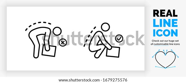 Editable real line icon of a stick figure person\
doing heavy lifting with a correct and incorrect posture picking up\
a big box in modern black lines on a clean white background as a\
EPS vector file
