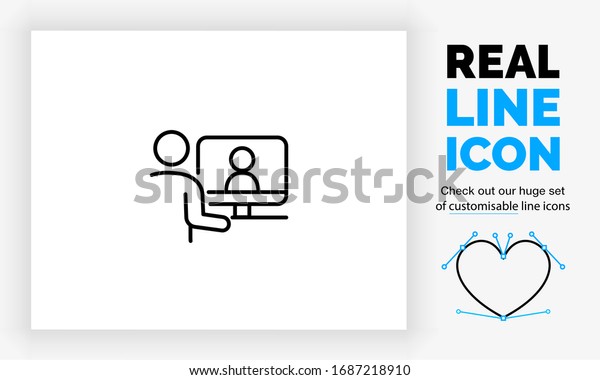 Editable real line icon of stick figure people\
working from home on their computer communicating with their\
colleagues in on a online server with digital files in modern black\
lines as a eps vector