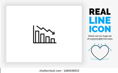 Editable Real Line Icon Of A Stock Market Crash By Decreasing Value In Form Of A Line And Bar Graph Going Down In Modern Black Lines On A Clean White Background As A Eps Vector File