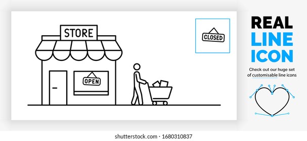 Editable real line icon of a store illustration with a open and closed sign and a customer stick man walking with a shopping cart filled with product boxes in modern black lines as a EPS vector file