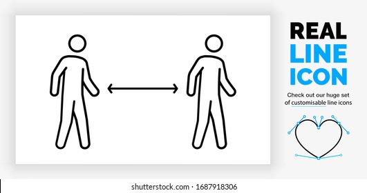 editable real line icon of two walking stick figure people having social distance to prevent infection and spread of the corona virus in public in full body view in black lines as a eps vector file