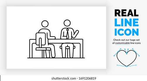 Editable real line icon of two stick figure business people sitting at a desk in a conversation about a corporate subject in modern customisable black lines on a clean white background as a eps vector