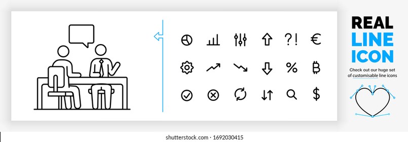 Icono de línea real editable de dos empresarios con figuras de palos sentados en un escritorio en una conversación sobre un sujeto corporativo con líneas negras modernas personalizables en un fondo blanco limpio como vector de pasos