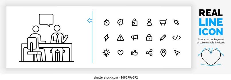 Editable real line icon of two stick figure business people sitting at a desk in a conversation about a corporate subject in modern customisable black lines on a clean white background as a eps vector