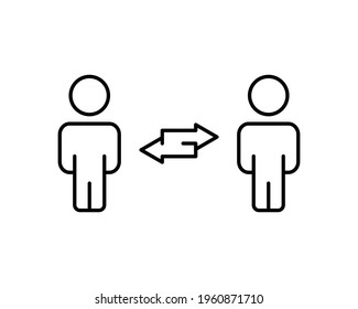 editable real line icon of two walking stick figure people having social distance to prevent infection and spread of the corona virus in public in full body view