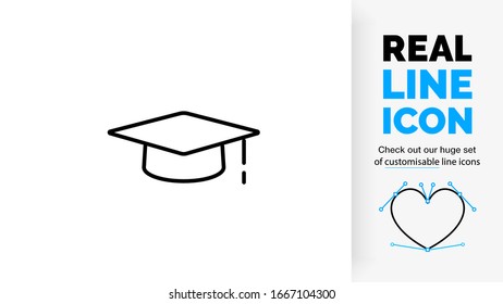 editable real line icon of a university hat used for graduation in college or high school in black customisable lines on a white background