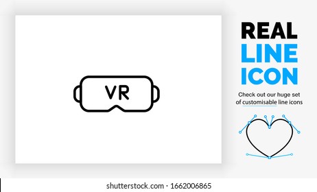 editable real line icon of virtual reality or VR glasses to enjoy a virtual simulated experience in applications like videogames in a black lines customisable pictogram on a white background