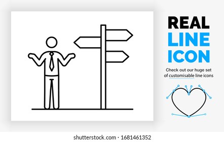 Editable real line icon of a way finding sign with different left and right directions on a pole with a stick figure business man in doubt of where he wants to go in modern black lines as a eps vector