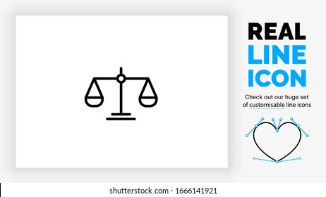 Editable Real Line Icon Of A Weight Scale Used In Law Practice To Measure And Balance The Two Point Of Views In Black Clean Lines On A White Background