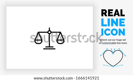 editable real line icon of a weight scale used in law practice to measure and balance the two point of views in black clean lines on a white background
