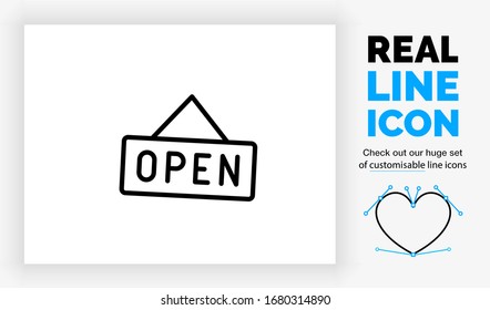 Editable real line icon of a window open sign for a store or supermarket in black modern lines on a clean white background as a EPS vector file