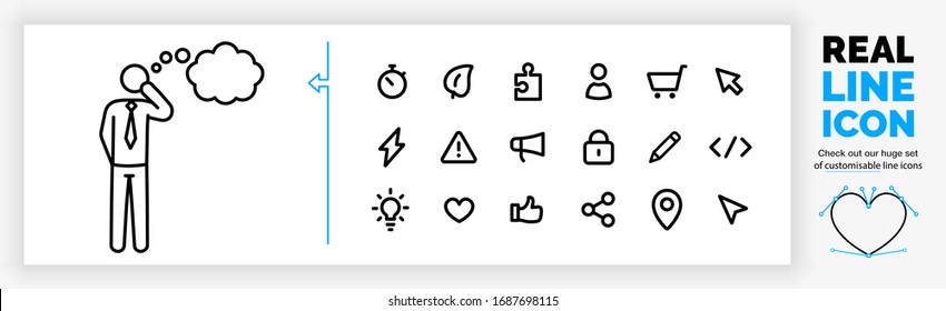 Editable real line symbol of a stick figure business man in full body view thinking about something in a icon set in modern black lines on a clean white background as a eps vector file