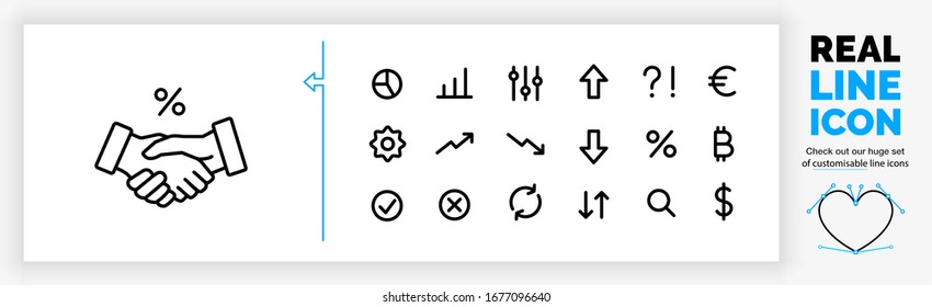 Editable real line symbol of two business people closing a deal or contract by a handshake in modern black lines on a clean white background as a EPS vector file with a customisable icon set