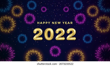 Editable realistic 2022 number balloon with Brightly Colorful Fireworks on Dark Blue Background with sparkling light. Happy New Year Firework Vector Illustration. Festival Fireworks Banner