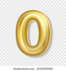 Editable realistic 3D illustration of gold balloon number 0. Gold balloon number 0 isolated. Vector Illustration of gold balloon number 0 on transparent background