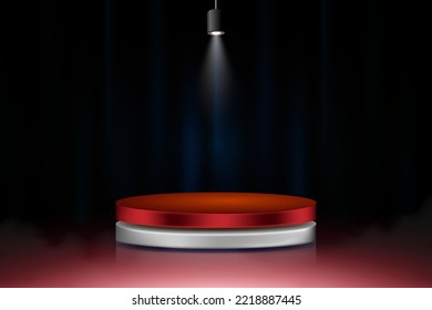Editable realistic 3D podium with smoke effect curtain background vector illustration