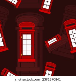 Bearbeitbarer typischer roter Telefonstand in traditionellem Englisch in flattiger Vektorgrafik als nahtloses Muster mit dunklem Hintergrund für die englische Kultur Tradition und Geschichte