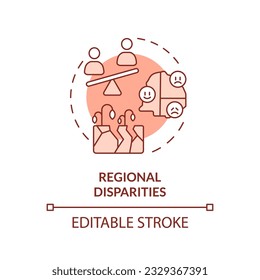Editable regional disparities icon representing heatflation concept, isolated vector, thin line illustration of global warming impact.