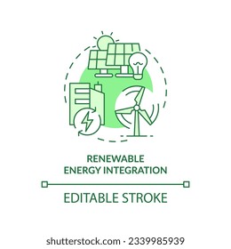 Editable renewable energy integration green icon concept, isolated vector, sustainable office thin line illustration.