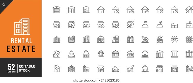 Editable Rental Estate Line Icon Set. Vector illustration. property types, characteristics, documents.	
