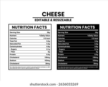Editável e Redimensionável Queijos Nutrição Fatos Label, Fatos Nutricionais, Fatos Nutricionais Label Suplemento Fatos, Vetor de rótulo de nutrição