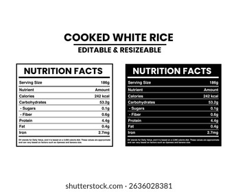 Modelo de rótulo de nutrição de arroz branco cozido editável e redimensionável, fatos nutricionais, fatos nutricionais rótulo suplementar fatos, vetor de rótulo de nutrição