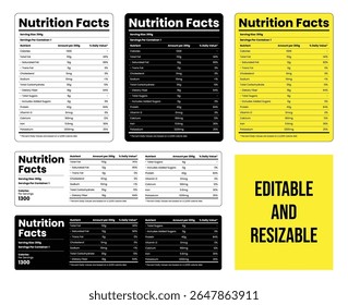 Fatos nutricionais editáveis e redimensionáveis design de modelos de rótulo. Fatos nutricionais e valor nutricional dos alimentos. Fatos suplementares e fatos vitamínicos