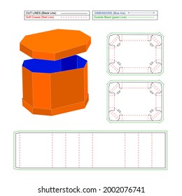 Editable and resizable Octogonal shape 3 lid box by without glued assemble dieline template 3D render